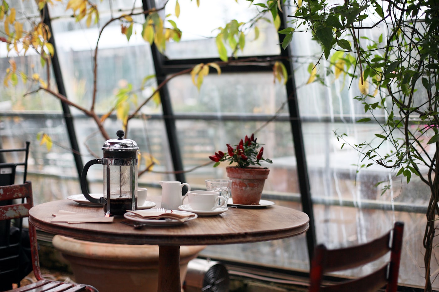 หน้าร้านกาแฟโทนไม้และแสงอุ่น